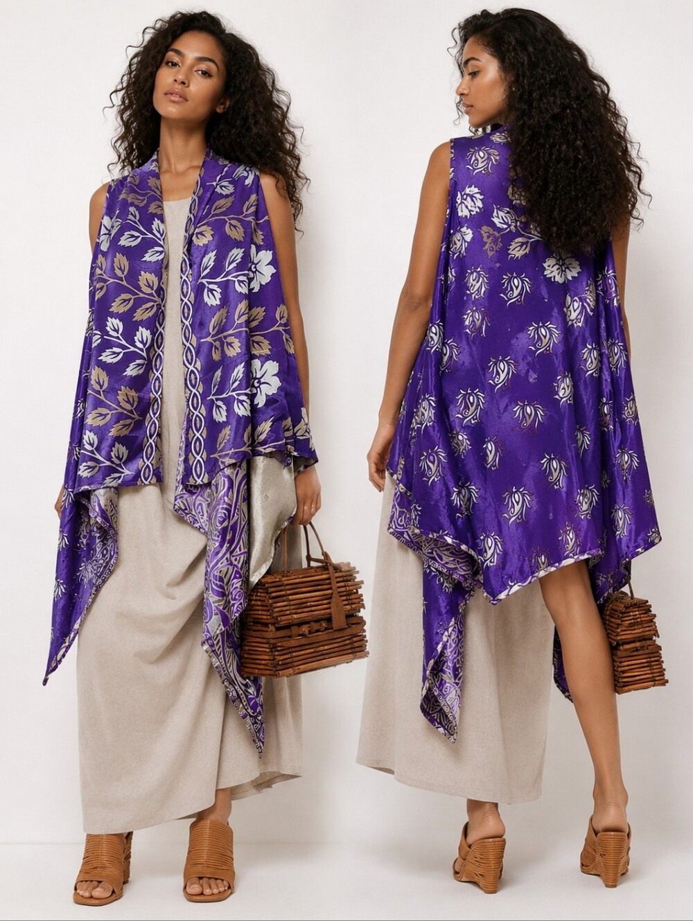 NWT Reversible Silk Draped Waterfall Vest India Boho Duster Vest Kimono Dress